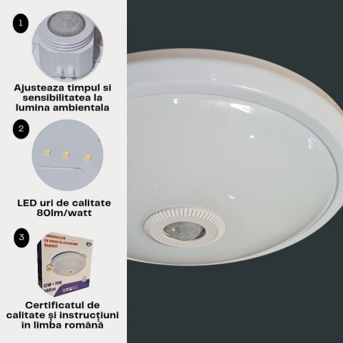 Plafoniera Led cu senzor de miscare reglabil Ø290, 12W=75W, 6400K, lumina rece