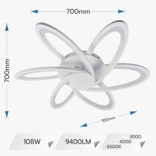 LUSTRA LED 108W CU 6 BRATE 3 CULORI 3000K/4000K/6500K + IR 700X700X100MM