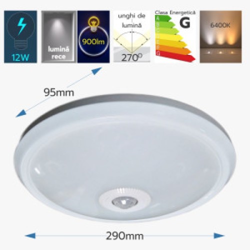 Plafoniera Led cu senzor de miscare reglabil Ø290, 12W=75W, 6400K, lumina rece